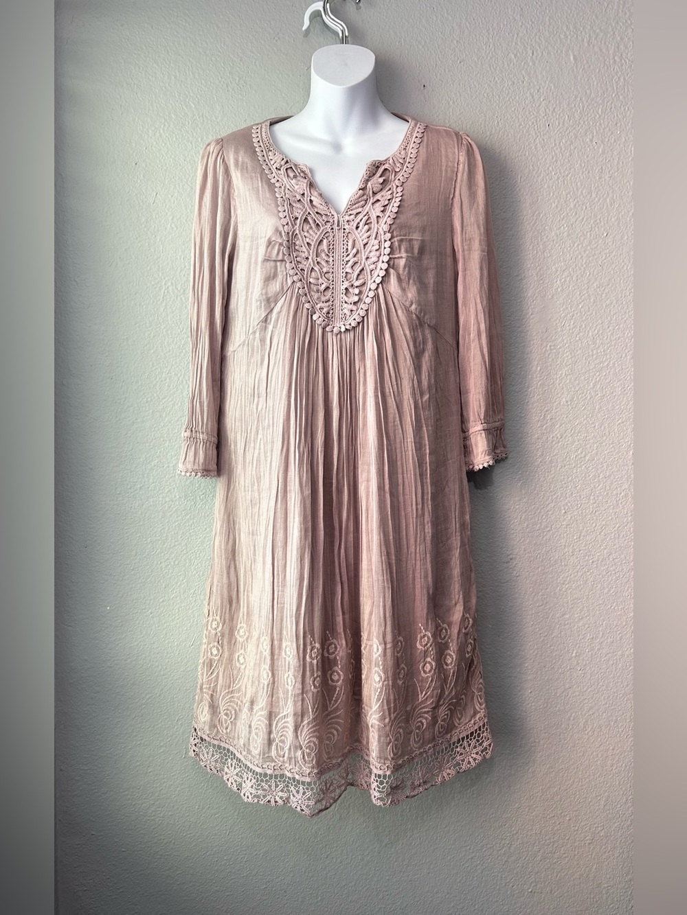 Sundance Dusty Pale Lilac Tunic Dress Embroidered Trapeze Midi Pullover Large